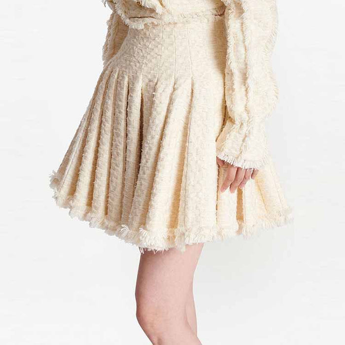 Women Golden Buttons Cream Tweed Tassel Crop Jacket + Pleated Skirt Suit, Office Suit, Wedding Suit