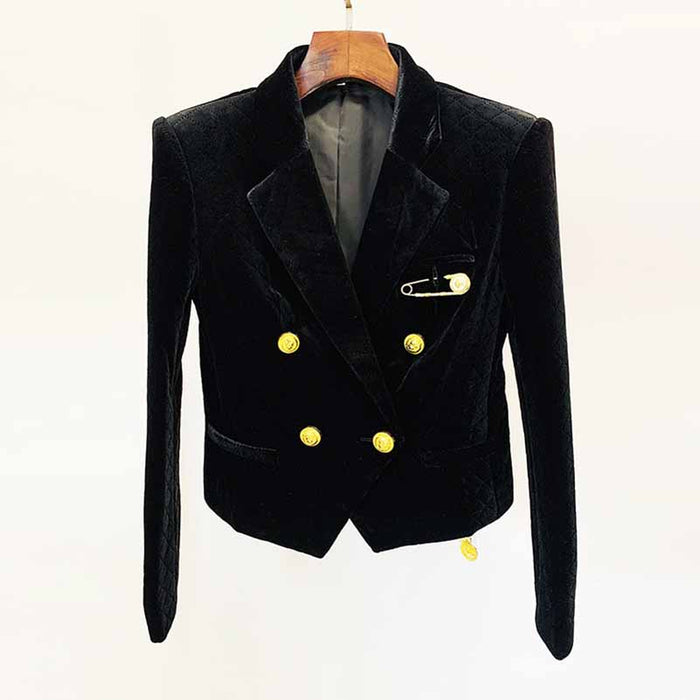 Women Golden Lion Buttons Big Pin Brooch Velvet Quilted Jacket Short Fitted Blazer Black