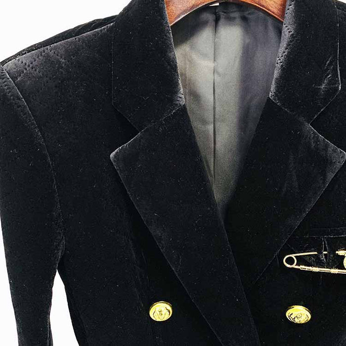 Women Golden Lion Buttons Big Pin Brooch Velvet Quilted Jacket Short Fitted Blazer Black