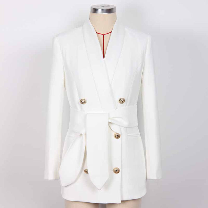 Women Golden Lion Buttons Mid length Belted Jacket Blazer Coat Pink Black White