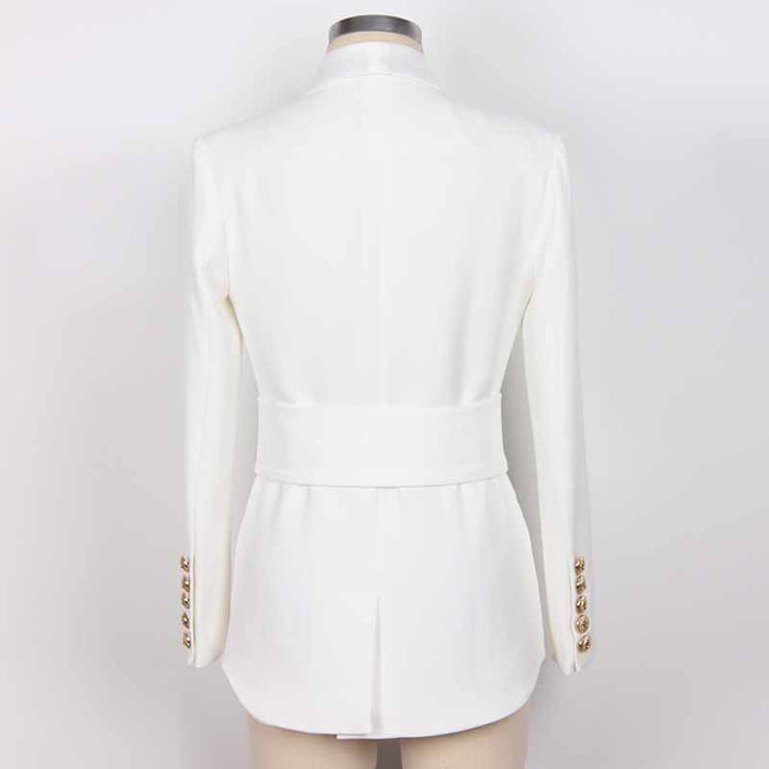 Women Golden Lion Buttons Mid length Belted Jacket Blazer Coat Pink Black White