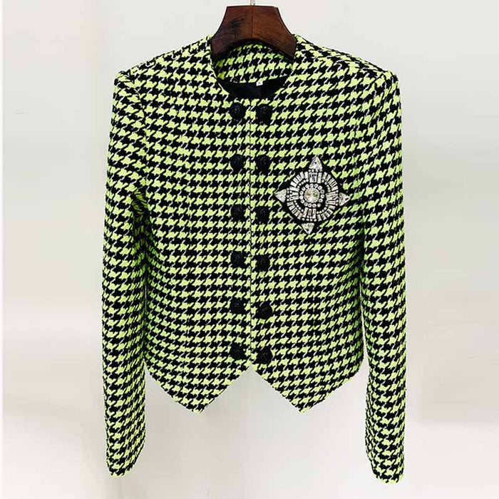 Women Green Houndstooth Wool Skirt Suit