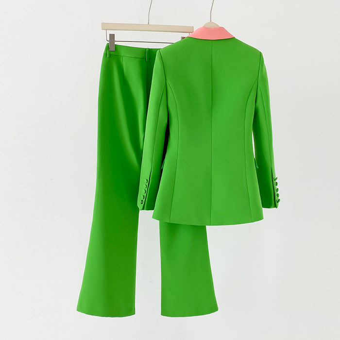 Women Green Pantsuit fitted Blazer + Mid-High Rise Flare Trousers Suit Pantsuit