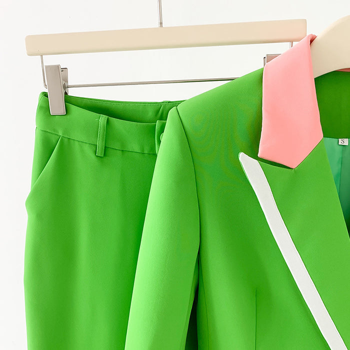 Women Green Pantsuit fitted Blazer + Mid-High Rise Flare Trousers Suit Pantsuit