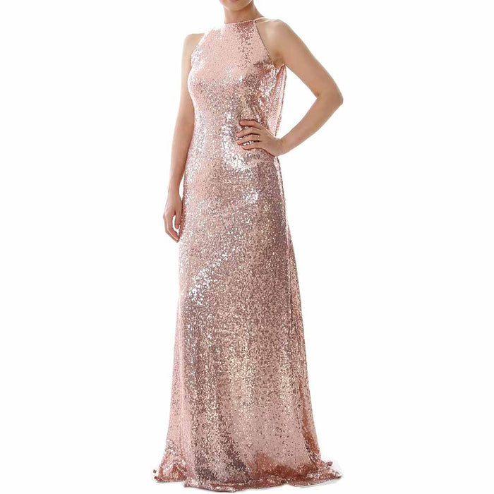 Women Halter Sequin Long Bridesmaid Dress Cowlback Formal Evening Gown