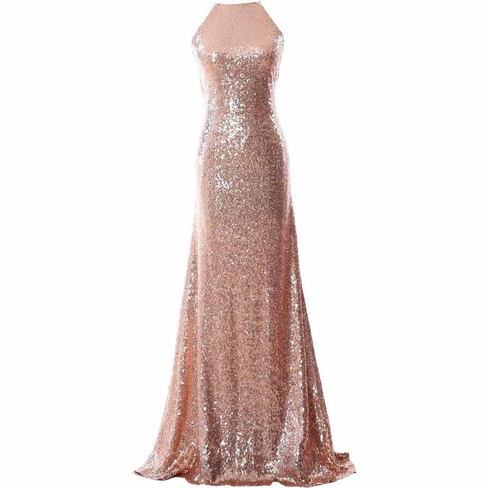Women Halter Sequin Long Bridesmaid Dress Cowlback Formal Evening Gown
