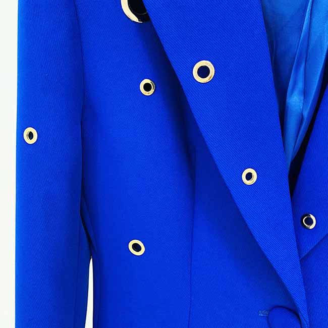 Women Hand Made Metal Rings Blazer + Mid-High Rise Flare Trousers Pants Suit in Royal blue, Wedding Suit