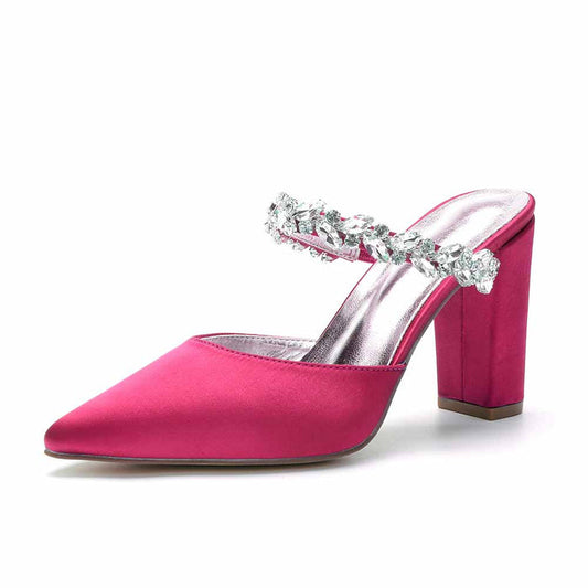 Women hand-made Rhinestone chunky heels party satin slippers