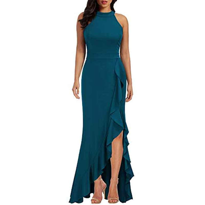 Women High Neck Split Bodycon Mermaid Evening Cocktail Maxi Dress