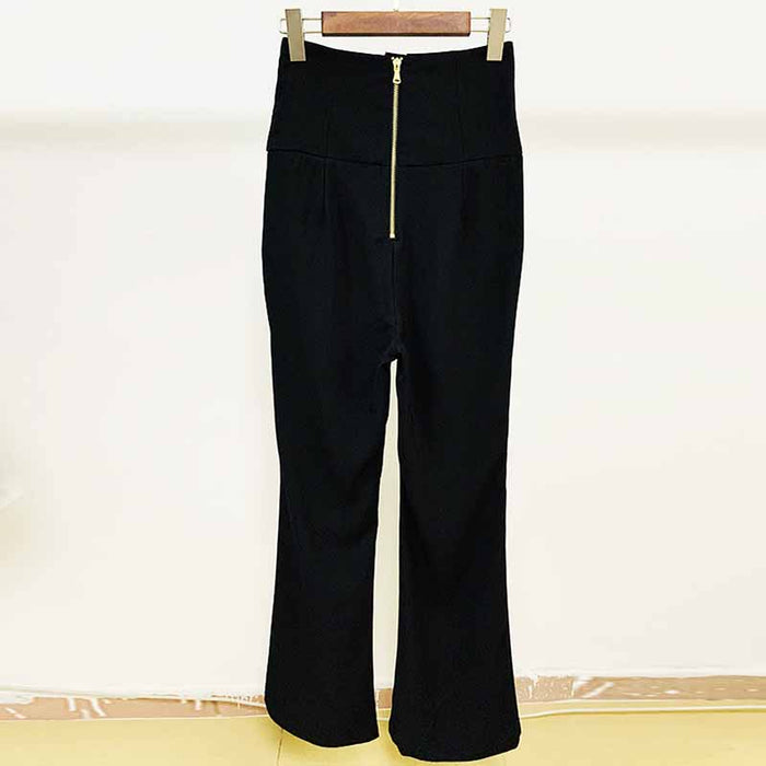 Women Hight Waisted Formal Pants Gold-tone Buttons Flare Trousers