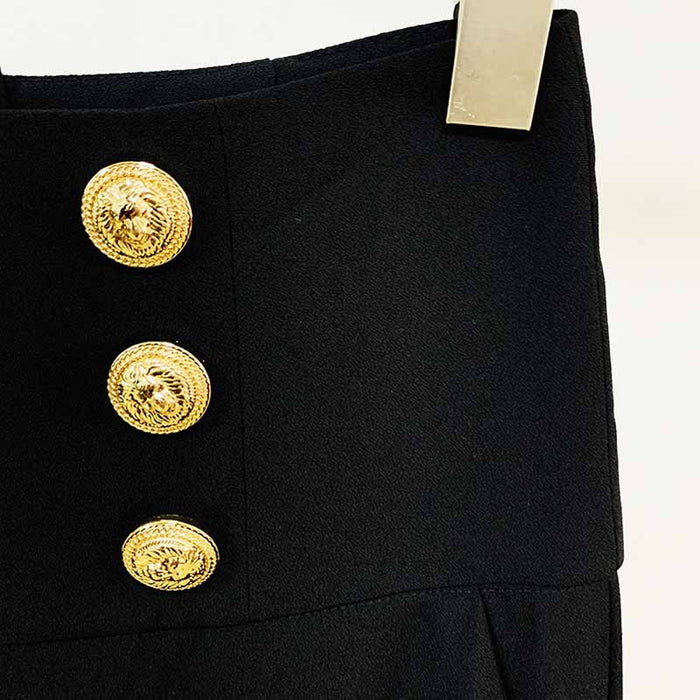 Women Hight Waisted Formal Pants Gold-tone Buttons Flare Trousers