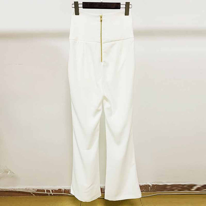 Women Hight Waisted Formal Pants Gold-tone Buttons Flare Trousers