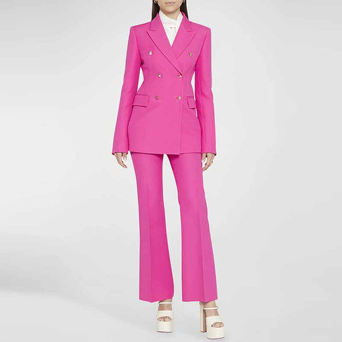 Women Hot Pink Double Breasts Blazer + Mid-High Rise Flare Trousers Suit Pantsuit Formal Suit