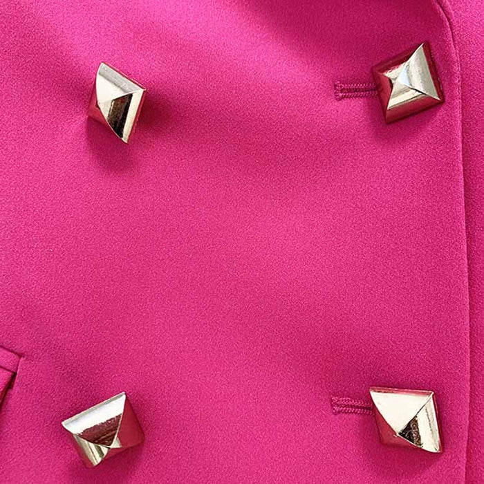 Women Hot Pink Double Breasts Blazer + Mid-High Rise Flare Trousers Suit Pantsuit Formal Suit