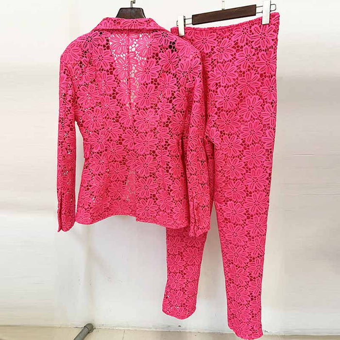 Women Hot Pink Lace One Button Suit Fitted Blazer + Lined Pencil Trousers Pants Suit / Wedding Suit / Party Set