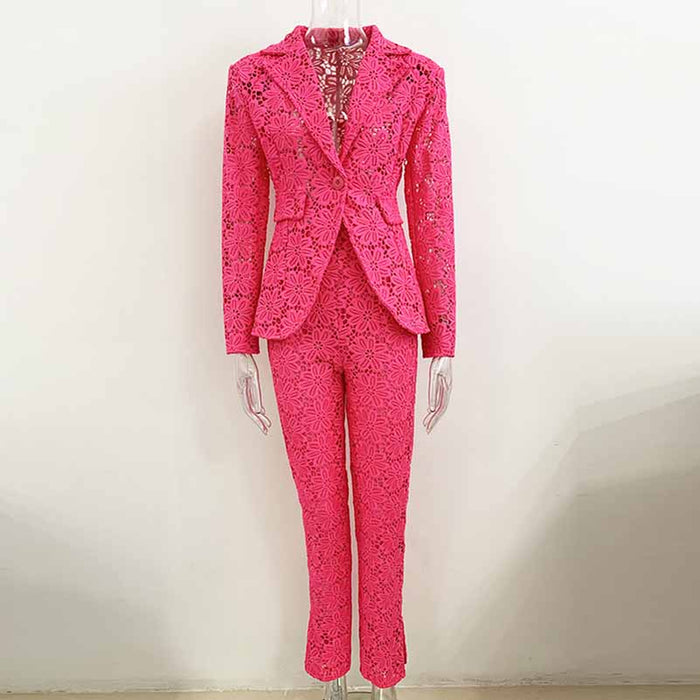 Women Hot Pink Lace One Button Suit Fitted Blazer + Lined Pencil Trousers Pants Suit / Wedding Suit / Party Set
