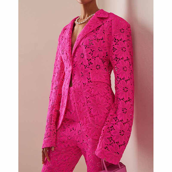 Women Hot Pink Lace One Button Suit Fitted Blazer + Lined Pencil Trousers Pants Suit / Wedding Suit / Party Set