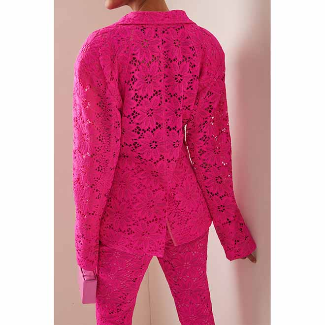 Women Hot Pink Lace One Button Suit Fitted Blazer + Lined Pencil Trousers Pants Suit / Wedding Suit / Party Set