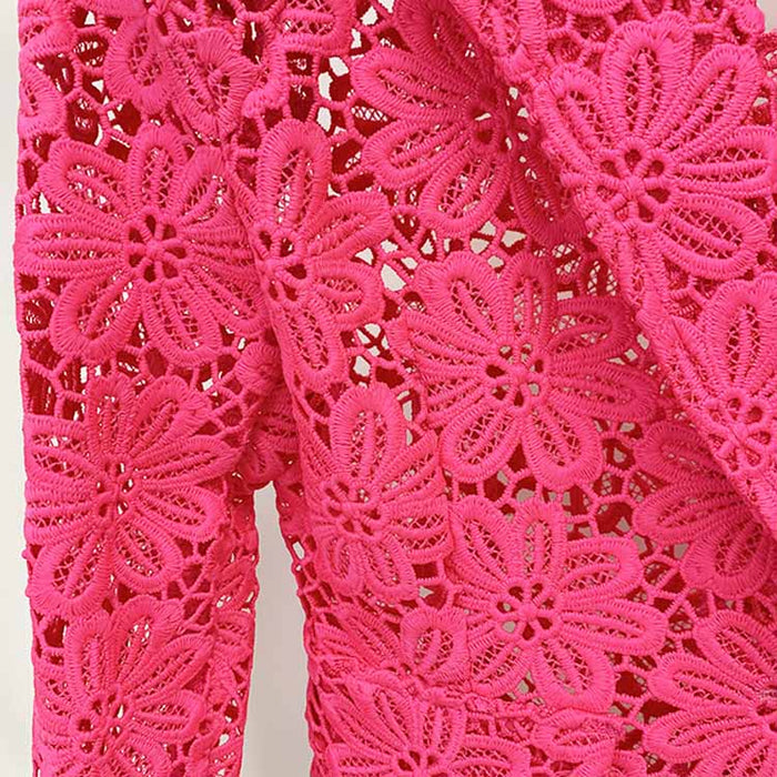 Women Hot Pink Lace One Button Suit Fitted Blazer + Lined Pencil Trousers Pants Suit / Wedding Suit / Party Set
