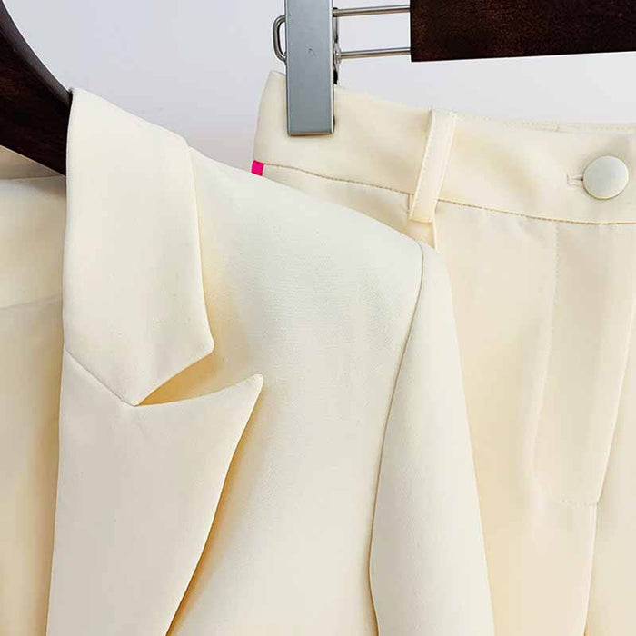 Women Hot Pink Light Beige Blazer + Flare Trousers Suit