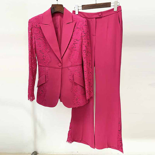 Women Hot Pink Light Pink Pantsuit Lace High Waist Fitted Blazer + Flare Trousers Pants Suit / Wedding Suit