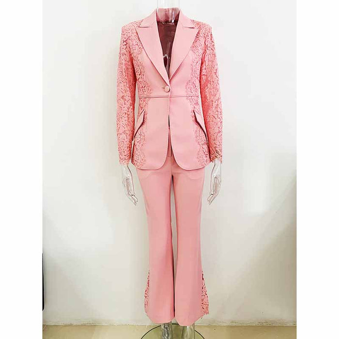 Women Hot Pink Light Pink Pantsuit Lace High Waist Fitted Blazer + Flare Trousers Pants Suit / Wedding Suit