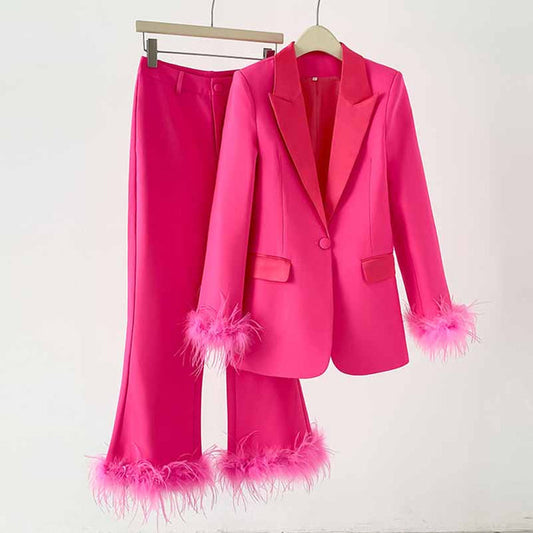 Women Hot Pink Pantsuit Faux Feather Trim One Button Blazer + Mid Waist Cropped Trousers Suit Pantsuit
