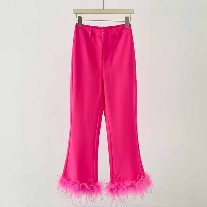 Women Hot Pink Pantsuit Faux Feather Trim One Button Blazer + Mid Waist Cropped Trousers Suit Pantsuit