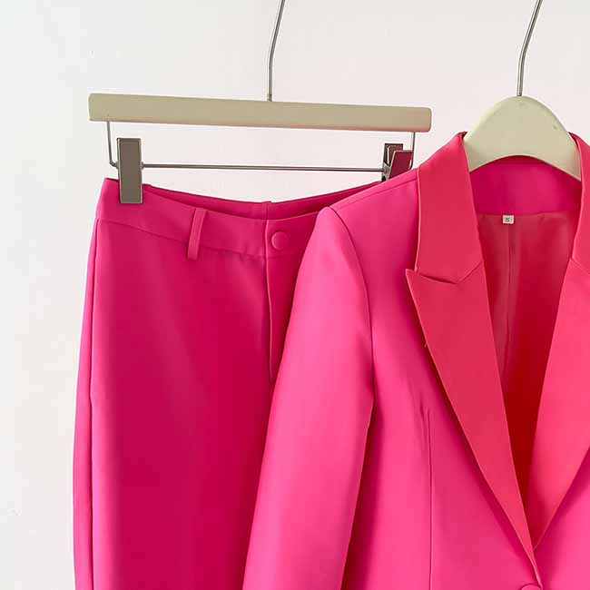 Women Hot Pink Pantsuit Faux Feather Trim One Button Blazer + Mid Waist Cropped Trousers Suit Pantsuit