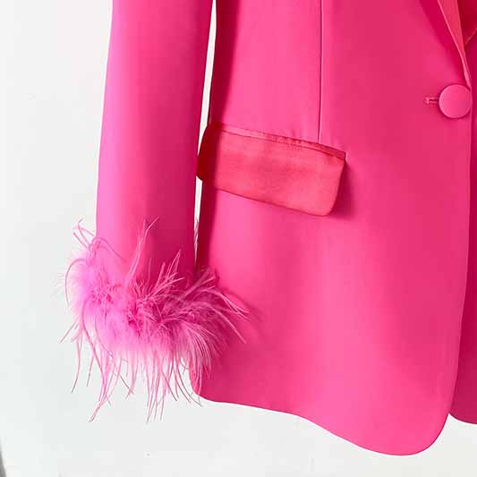 Women Hot Pink Pantsuit Faux Feather Trim One Button Blazer + Mid Waist Cropped Trousers Suit Pantsuit