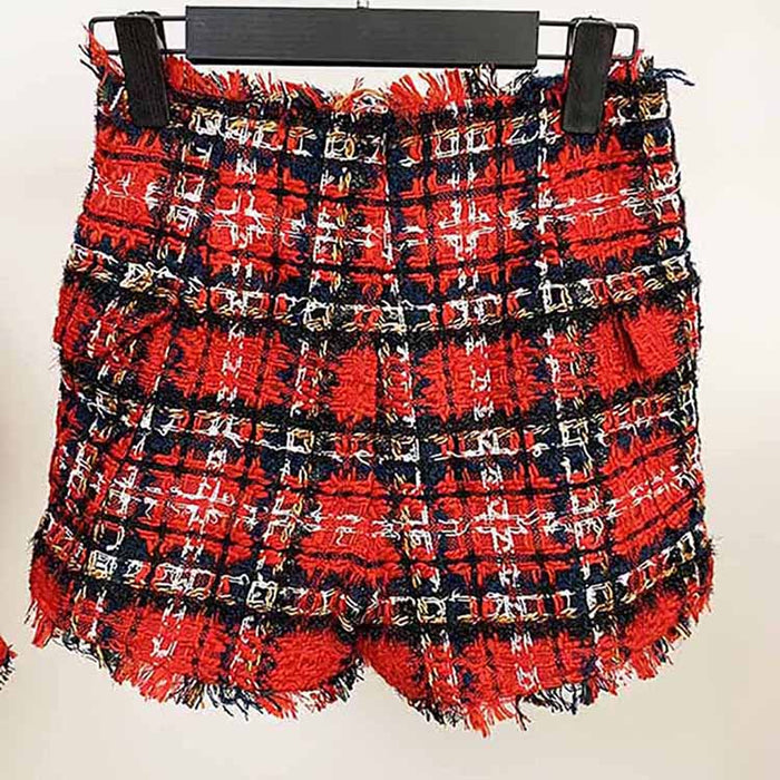 Women Houndstooth Check Shorts Gold-tone Mini Tweed High Waisted Shorts