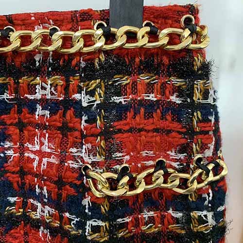 Women Houndstooth Check Skirt Red Chain Tweed High Waisted Short Skirt