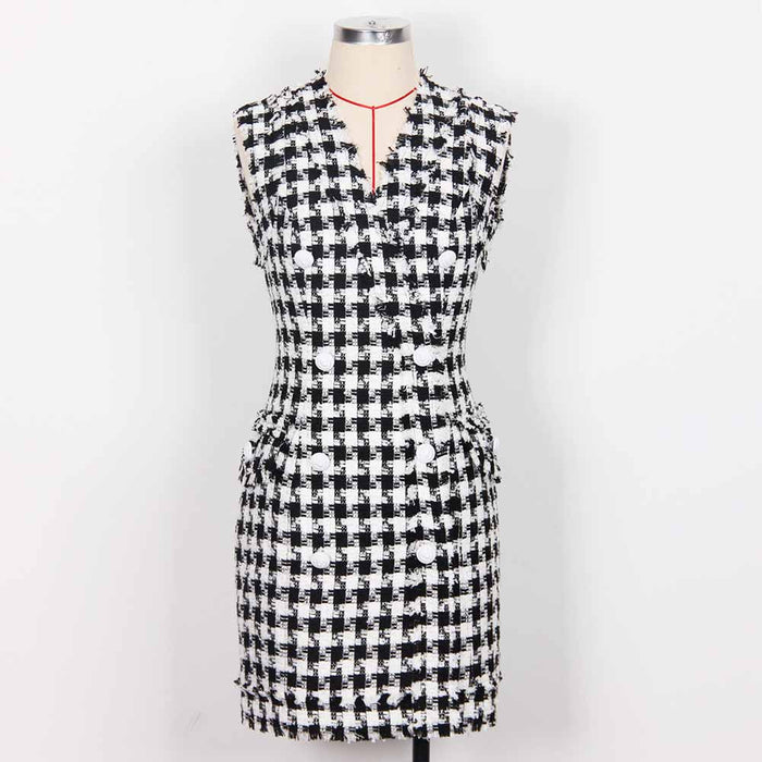 Women Houndstooth V Neck Fitted Knitted Dress Mini Vest Dress