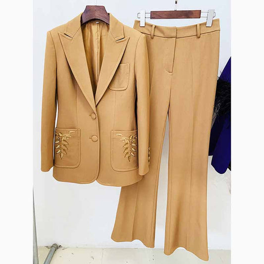 Women Khaki Pantsuits Fitted Blazer + Mid-High Waist Flared Trousers Suit
