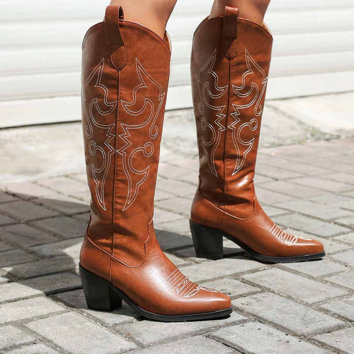 Women Knee High Western Boots Cowgirl Boots with Classic Embroidery