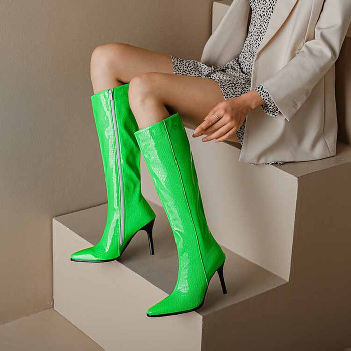Women Knee High Zip Up Heeled Faux Leather Boots Big Size