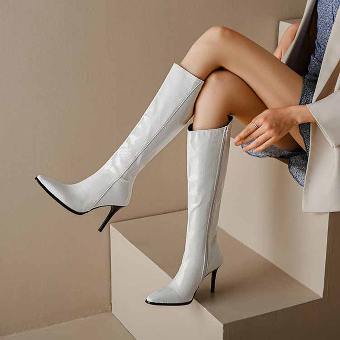 Women Knee High Zip Up Heeled Faux Leather Boots Big Size