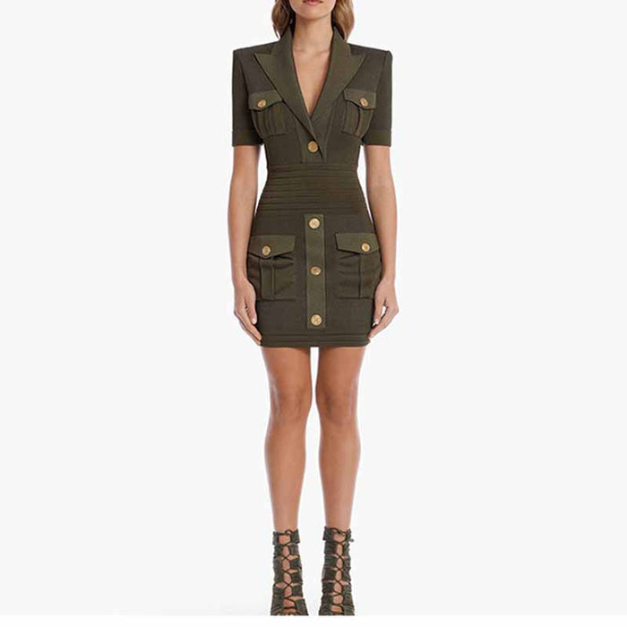 Women Knitted Minidress Army Green Deep V Neck Cocktail Dress