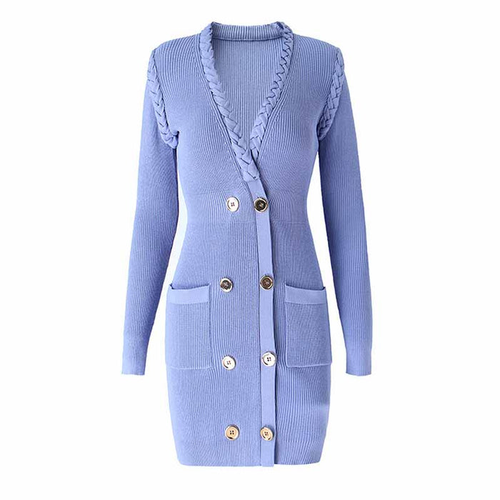 Women Lavender Button-up Knitted Minidress V Neck Mini ribbed-knit Dress