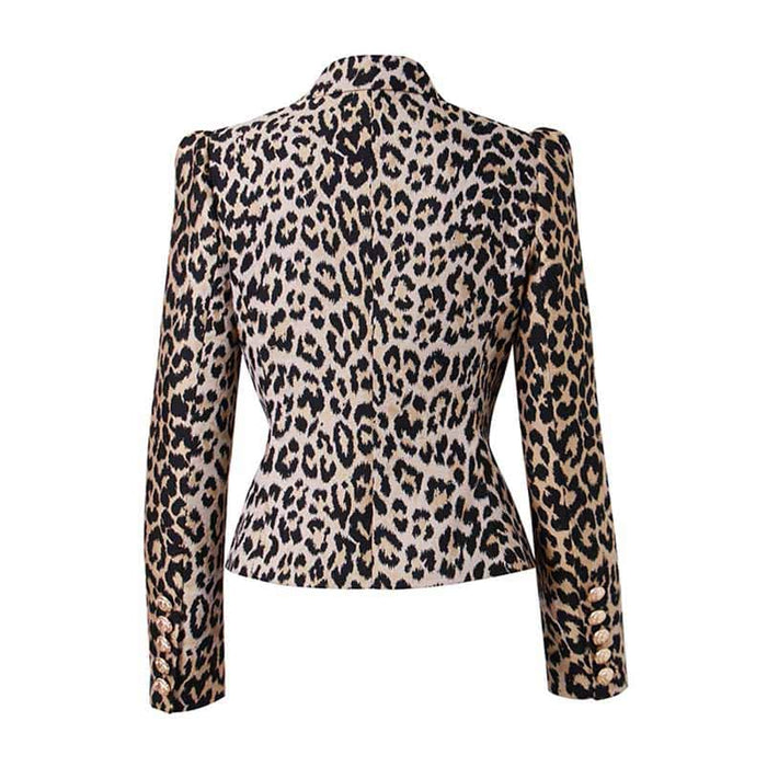 Women Leopard Print Blazer Gold Button Double-breasted Button Slim Blazer