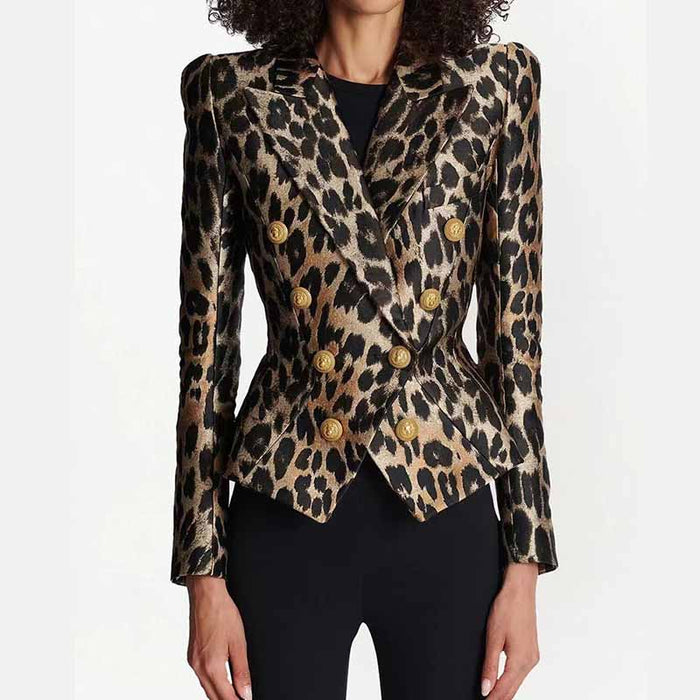 Women Leopard Print Blazer Gold Button Double-breasted Button Slim Blazer