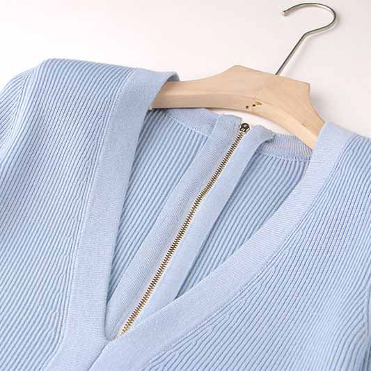 Women Light Blue button-up knitted minidress Ribbed Dress Fine-ribbed Dress