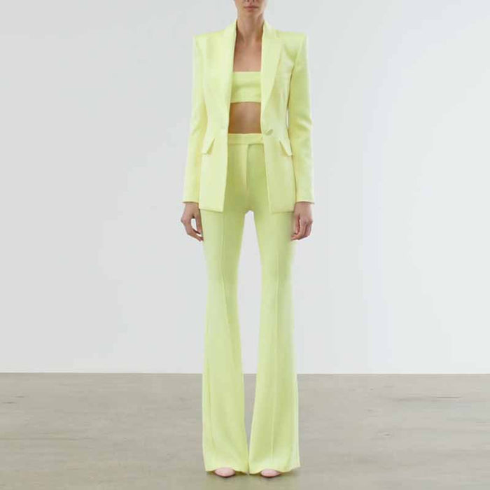Women Light Yellow Blazer + Flare Trousers Suit Two Piece Pantsuits