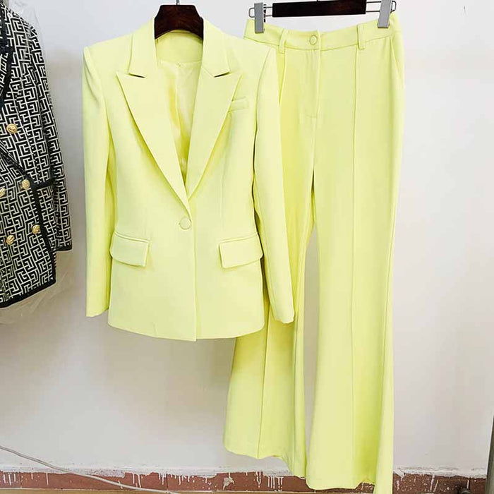 Women Light Yellow Blazer + Flare Trousers Suit Two Piece Pantsuits