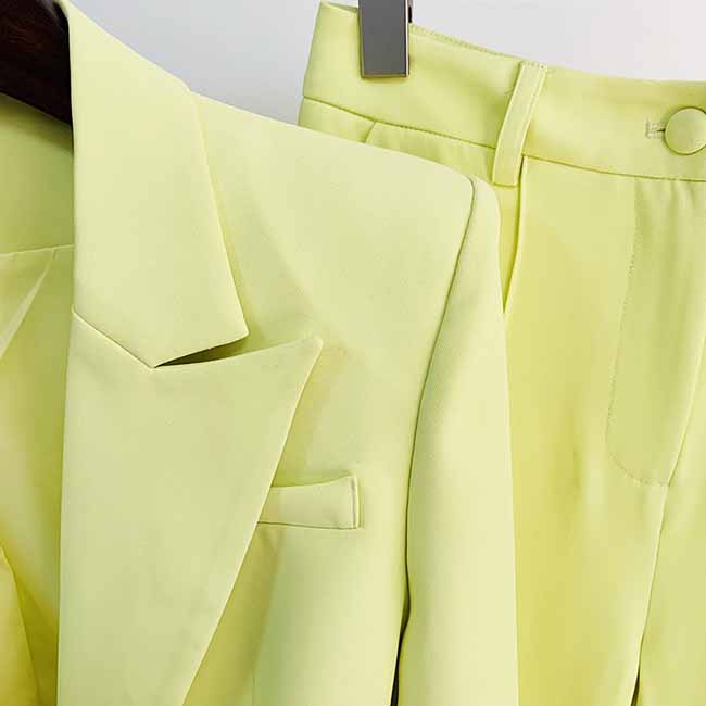 Women Light Yellow Blazer + Flare Trousers Suit Two Piece Pantsuits