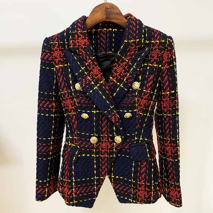 Women Lion Button Double Breasted Plaid Tweed Slim Fitting Blazer Coat
