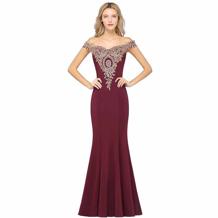 Women Long Gold Lace Applique Mermaid Prom Dress Off Shoulder Formal Gowns