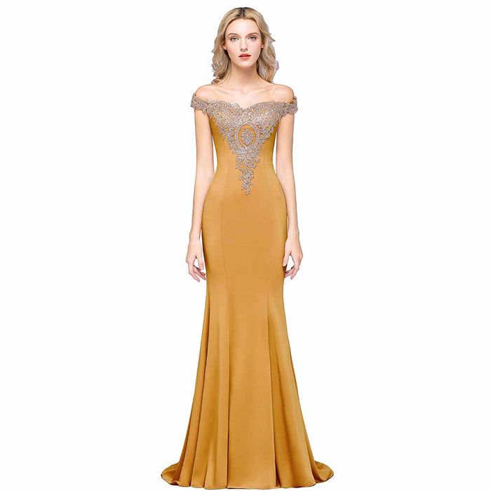 Women Long Gold Lace Applique Mermaid Prom Dress Off Shoulder Formal Gowns