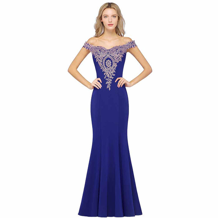 Women Long Gold Lace Applique Mermaid Prom Dress Off Shoulder Formal Gowns
