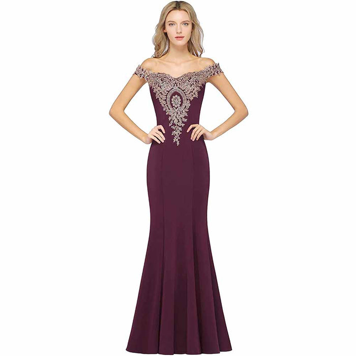Women Long Gold Lace Applique Mermaid Prom Dress Off Shoulder Formal Gowns